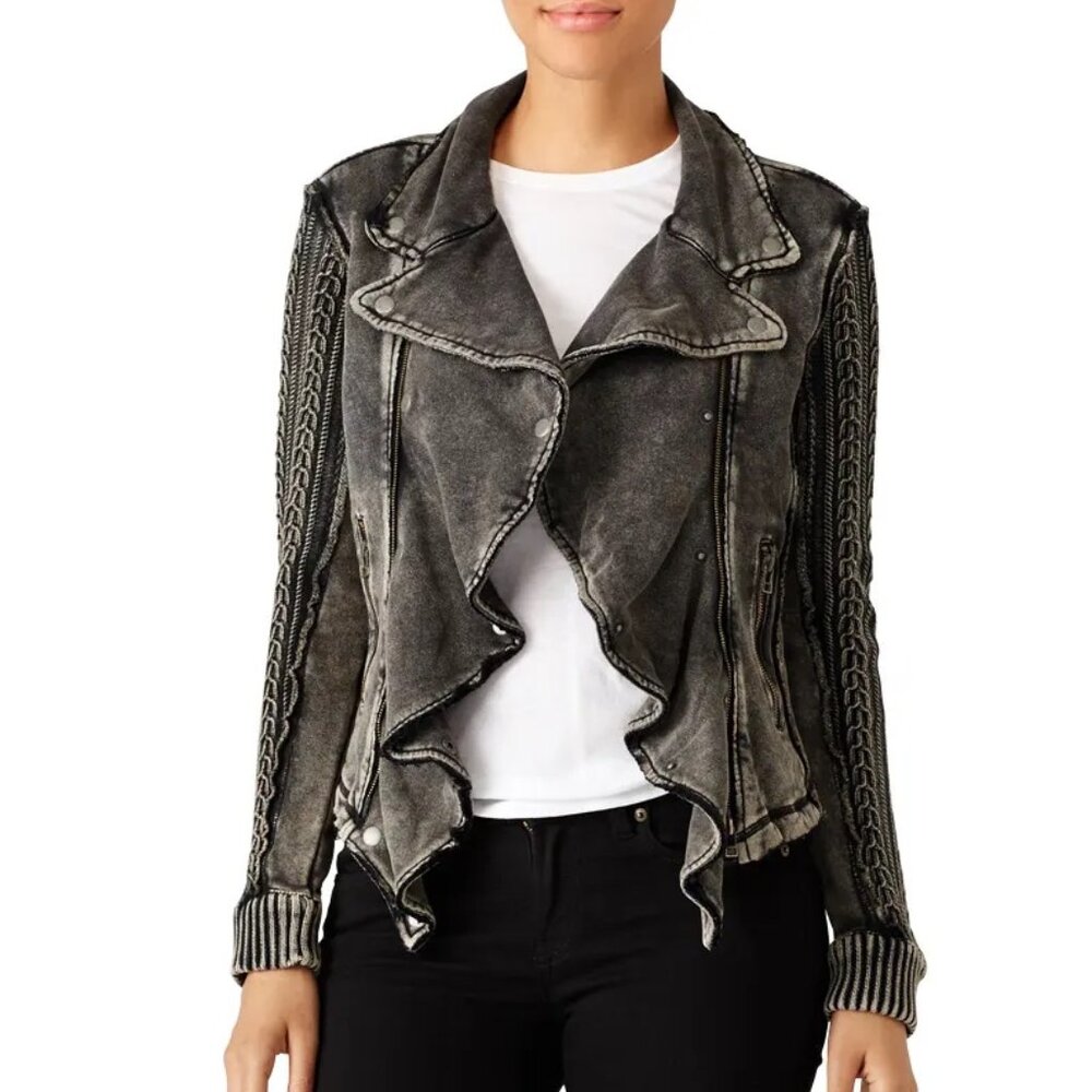 EDIKTED Ruffle Front Cable Knit Moto Sweater Jacket